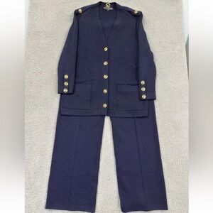 St John Basics Long V Neck Navy Blue Gold Button Suit Santana Knit Womens Med